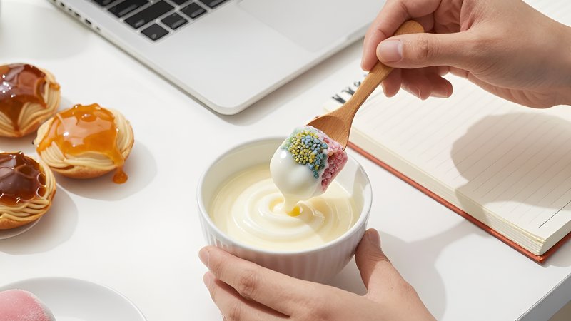 Корейские десерты для продуктивной работы рядом с ноутбуком и планировщиком на белом столе